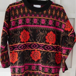 Vintage 80s Jessica Roberts Knit Sweater: Colorful Acrylic Florals